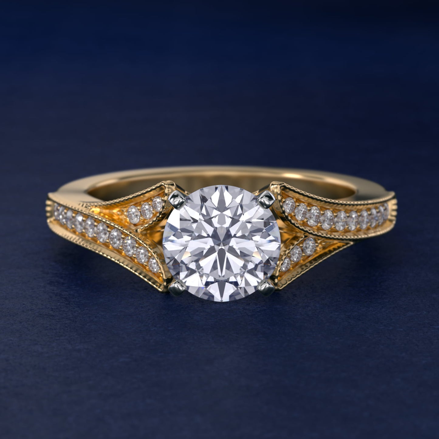 Milgrain and PavŽ V-Shank Diamond Engagement Ring in 18k Yellow Gold (1/8 ct. wt.) - Round Center