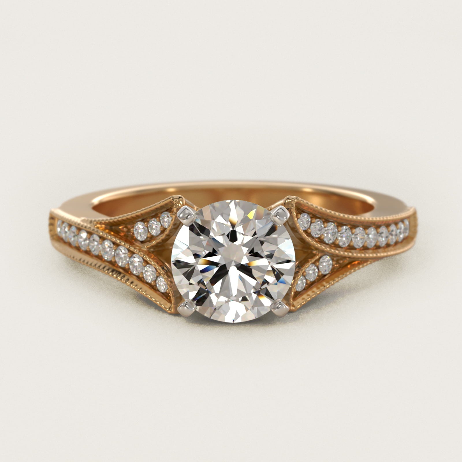 Milgrain and PavŽ V-Shank Diamond Engagement Ring in 14K Yellow Gold (1/8 ct. wt.) - Round Center