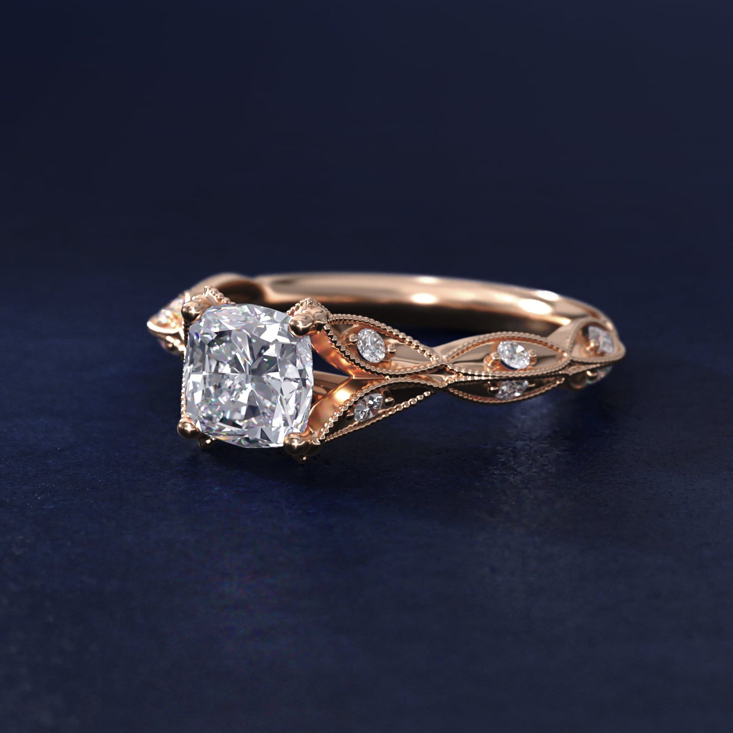 Milgrain Navette Vintage-Style Engagement Ring In 14K Rose Gold By James Allen - Cushion Center