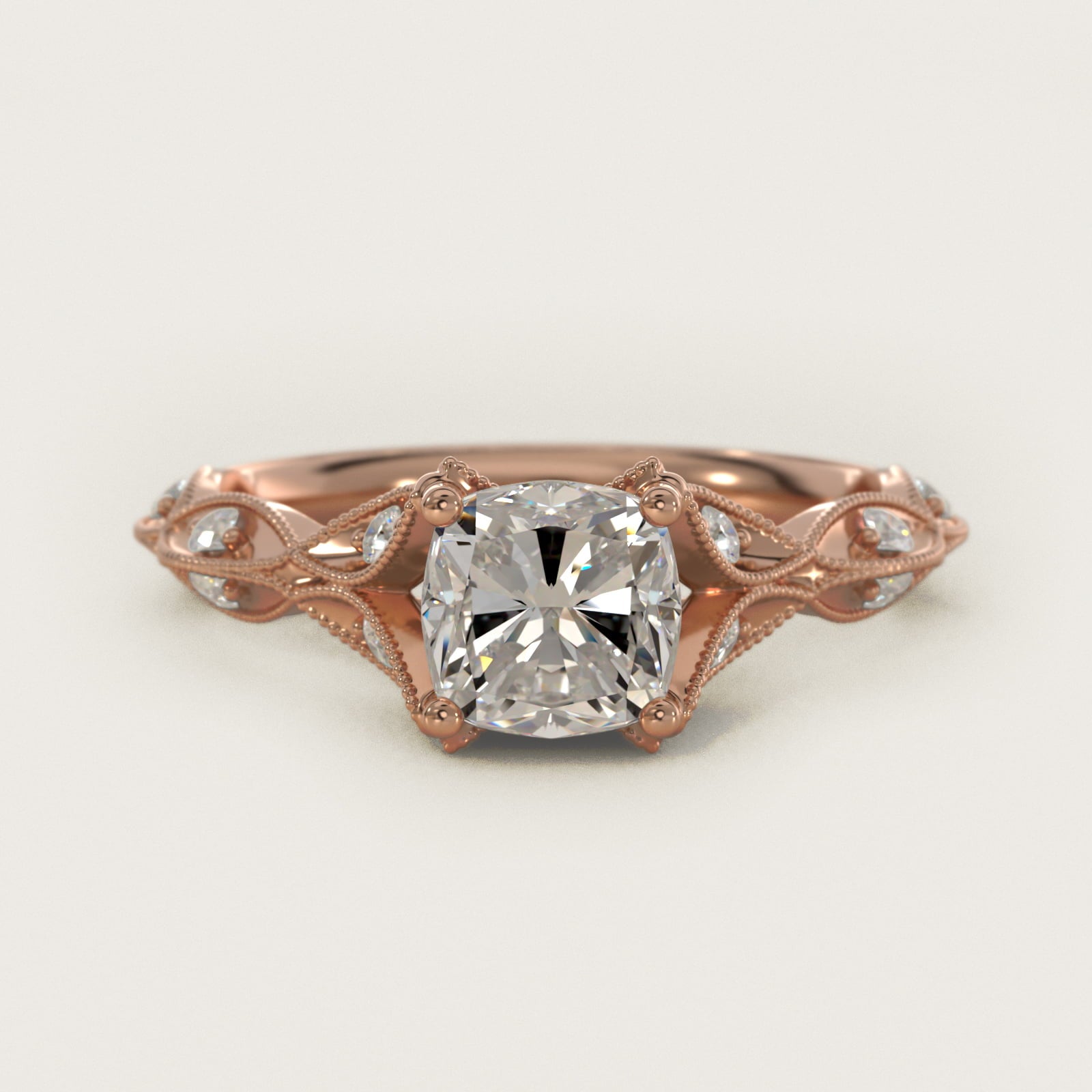 Milgrain Navette Vintage-Style Engagement Ring In 14K Rose Gold By James Allen - Cushion Center