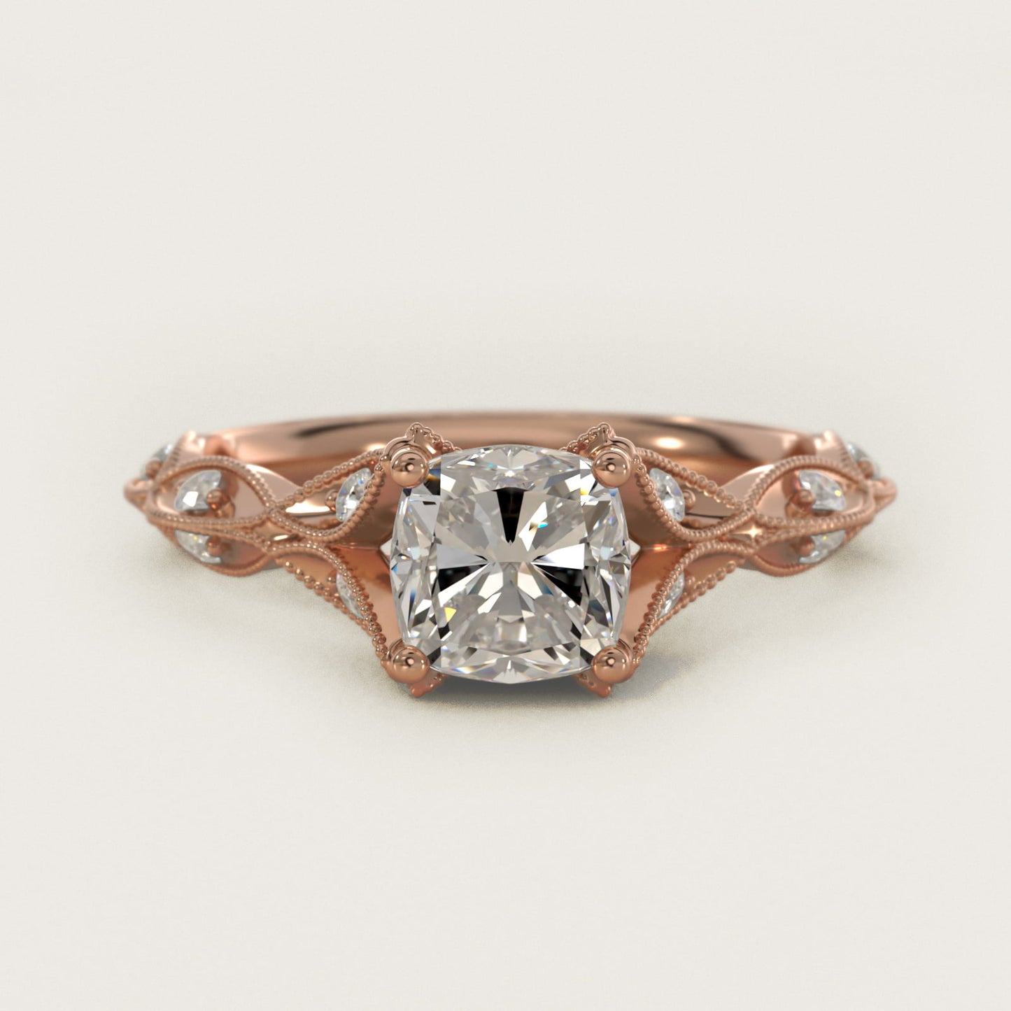 Milgrain Navette Vintage-Style Engagement Ring In 18k Rose Gold By James Allen - Cushion Center