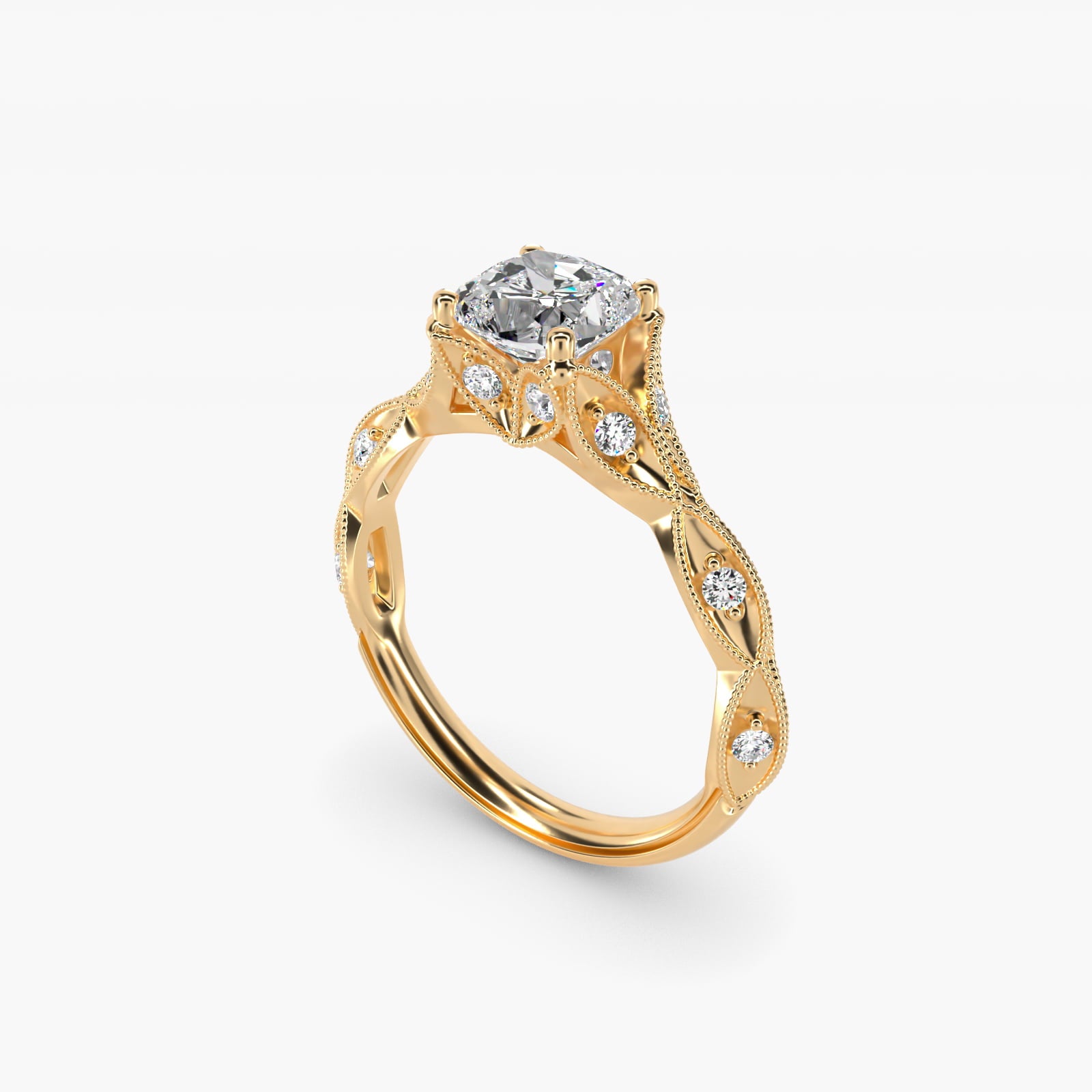 Milgrain Navette Vintage-Style Engagement Ring In 14K Yellow Gold By James Allen - Cushion Center