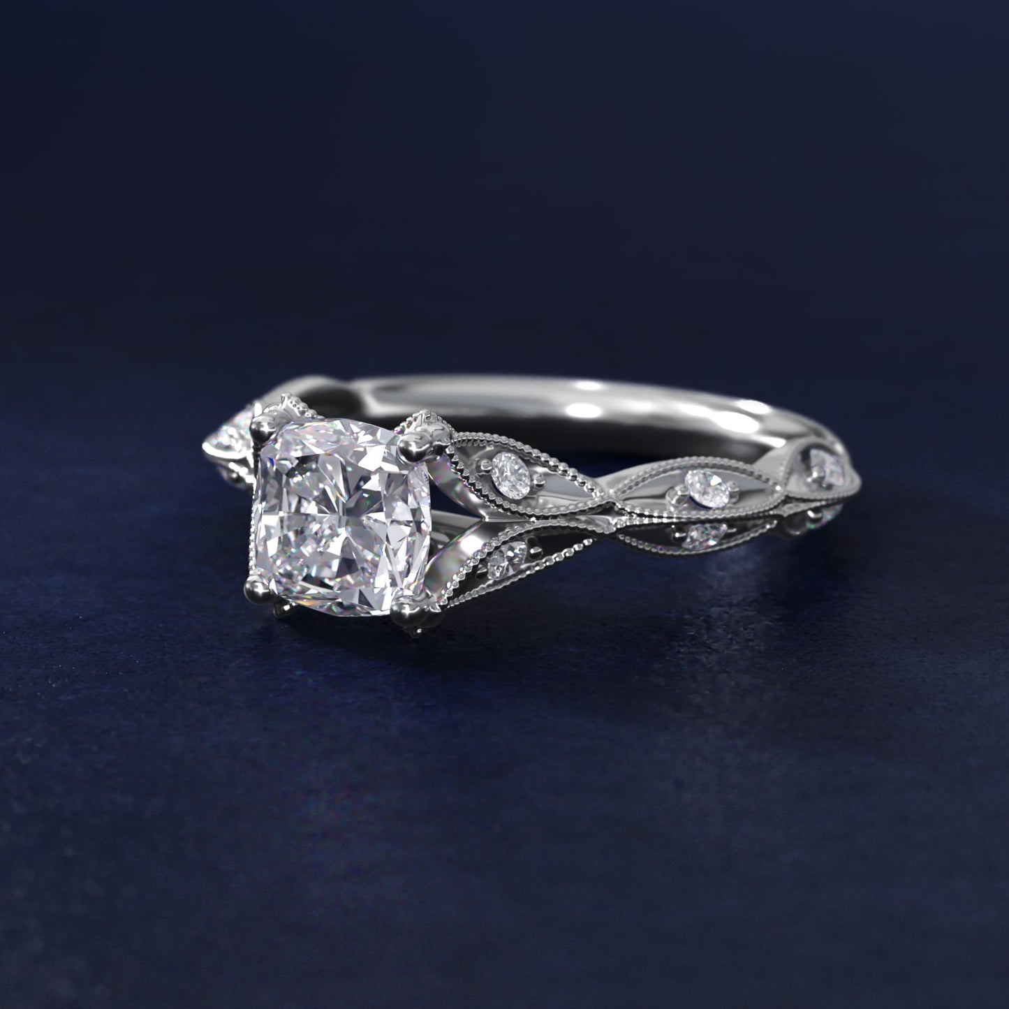 Milgrain Navette Vintage-Style Engagement Ring In Platinum By James Allen - Cushion Center