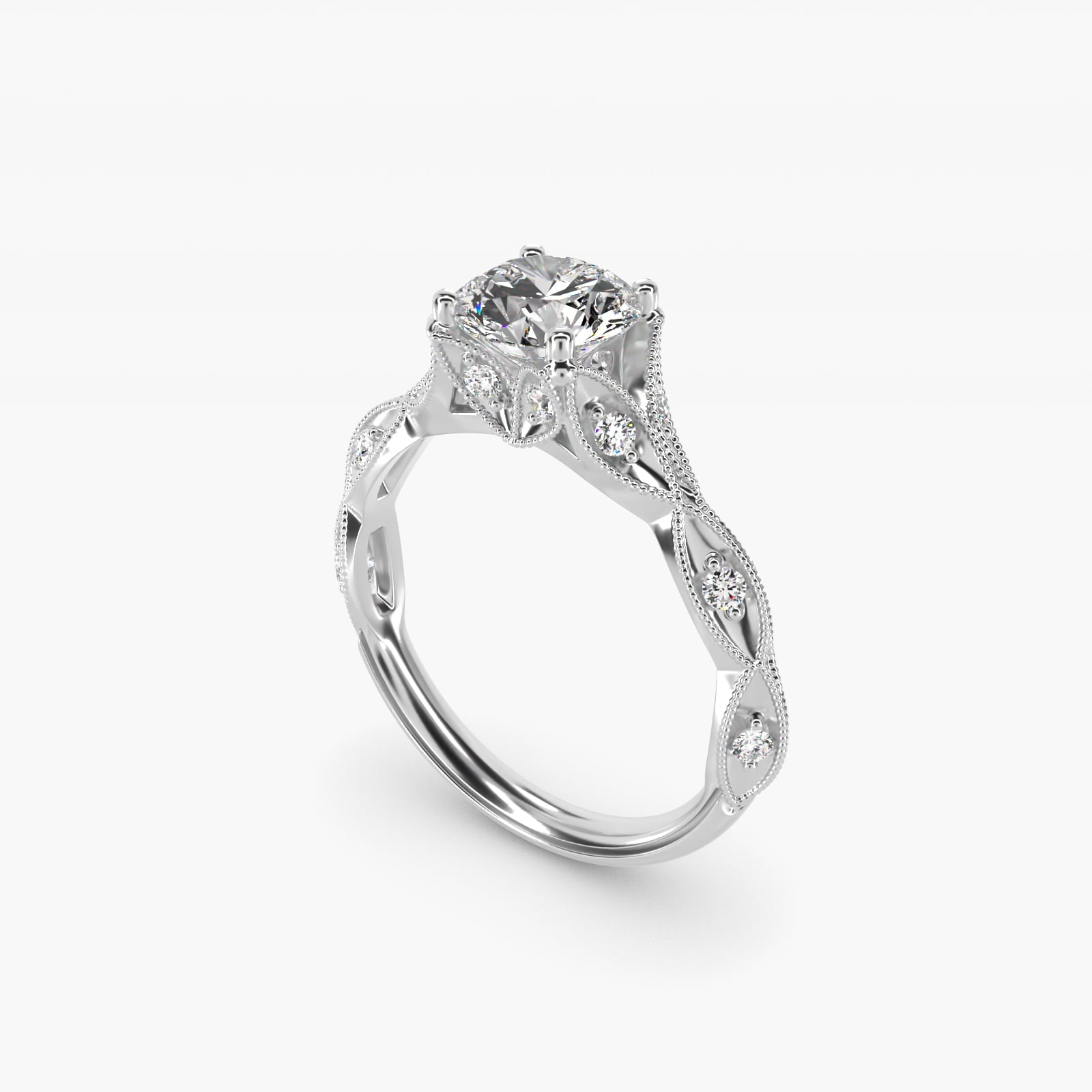 Milgrain Navette Vintage-Style Engagement Ring In 14K White Gold By James Allen - Round Center