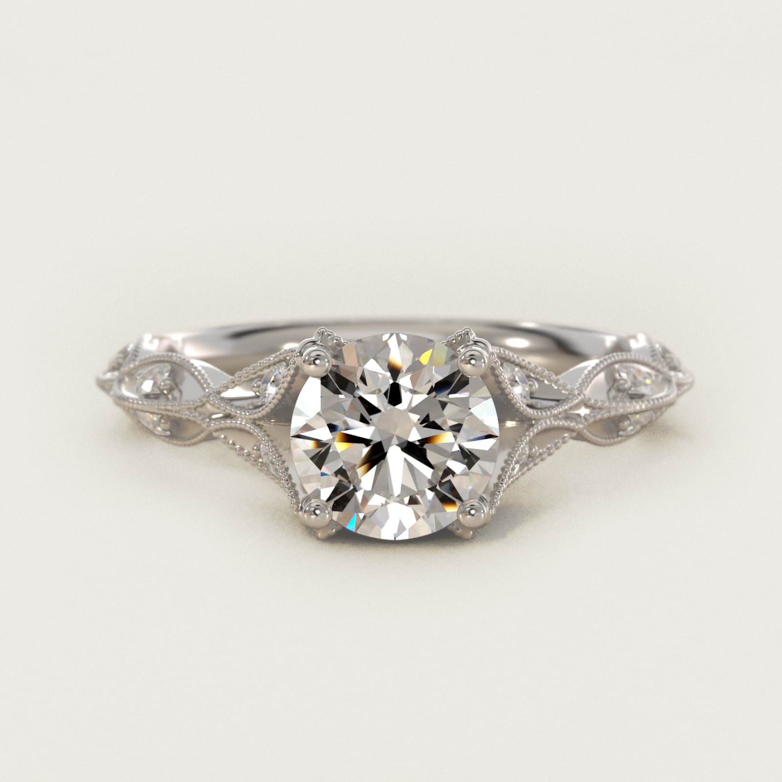 Milgrain Navette Vintage-Style Engagement Ring In 14K White Gold By James Allen - Round Center