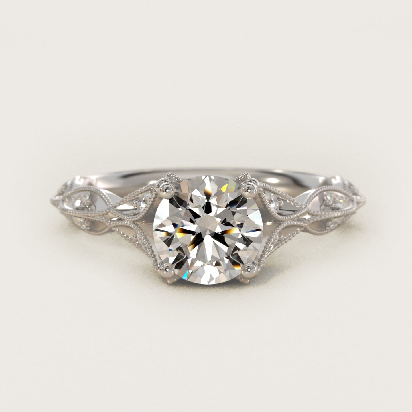 Milgrain Navette Vintage-Style Engagement Ring In 18k White Gold By James Allen - Round Center