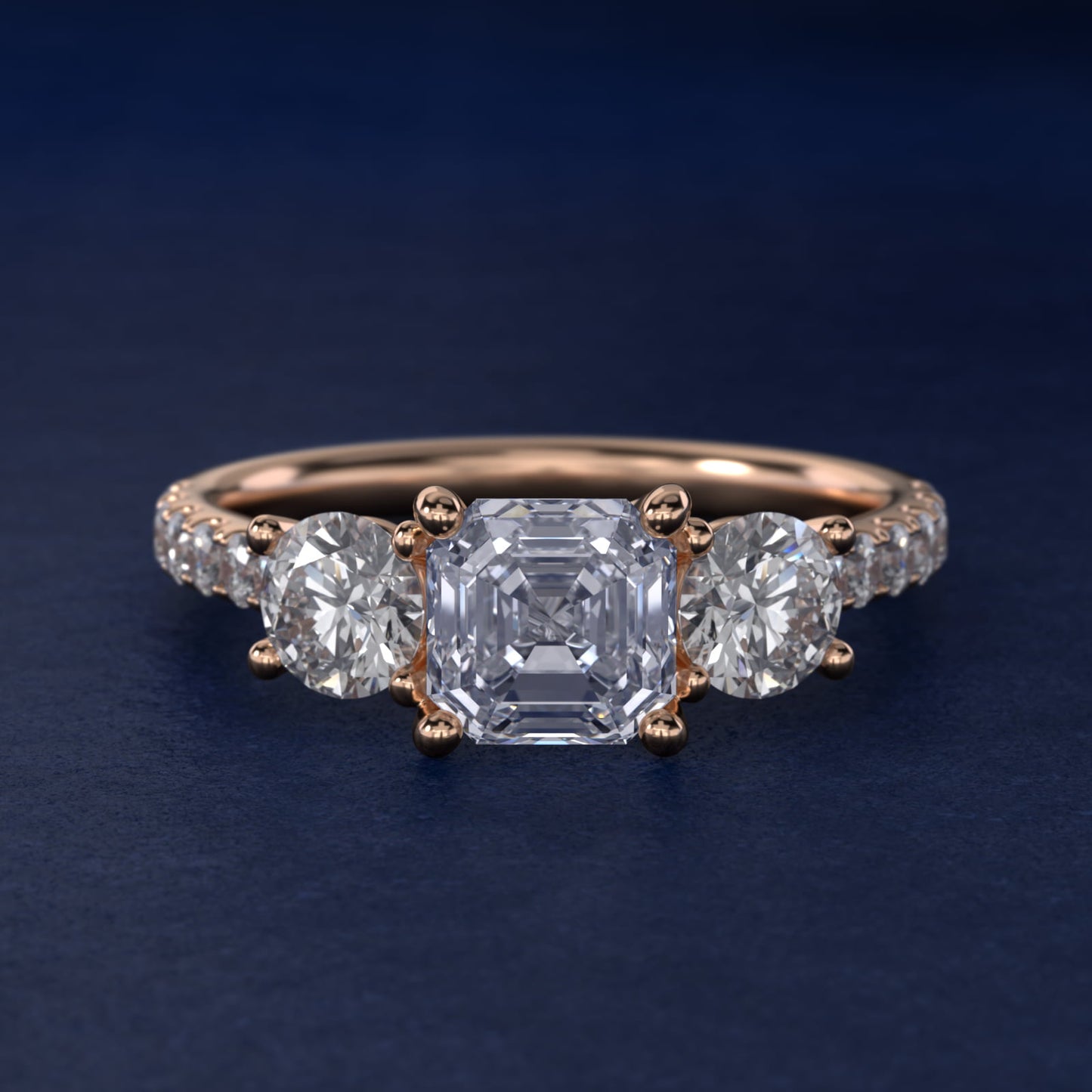 Modern Trellis Three Stone Diamond Engagement in 18k Rose Gold - Asscher Center