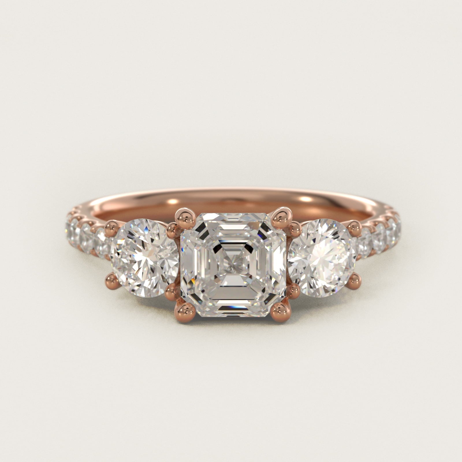 Modern Trellis Three Stone Diamond Engagement in 14k Rose Gold - Asscher Center