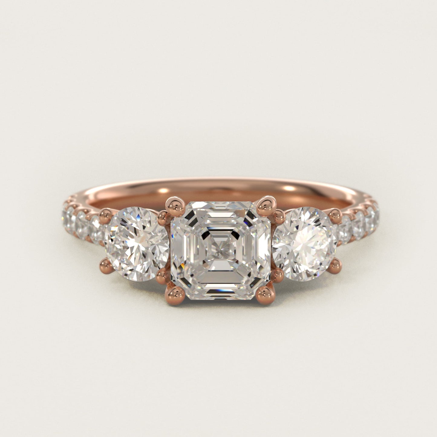 Modern Trellis Three Stone Diamond Engagement in 18k Rose Gold - Asscher Center