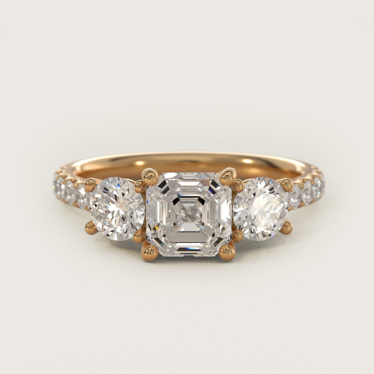 Modern Trellis Three Stone Diamond Engagement in 18k Yellow Gold - Asscher Center