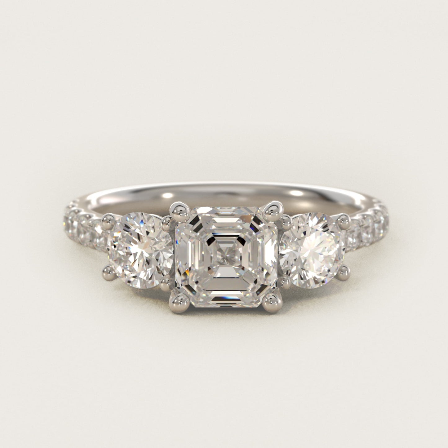 Modern Trellis Three Stone Diamond Engagement in Platinum - Asscher Center