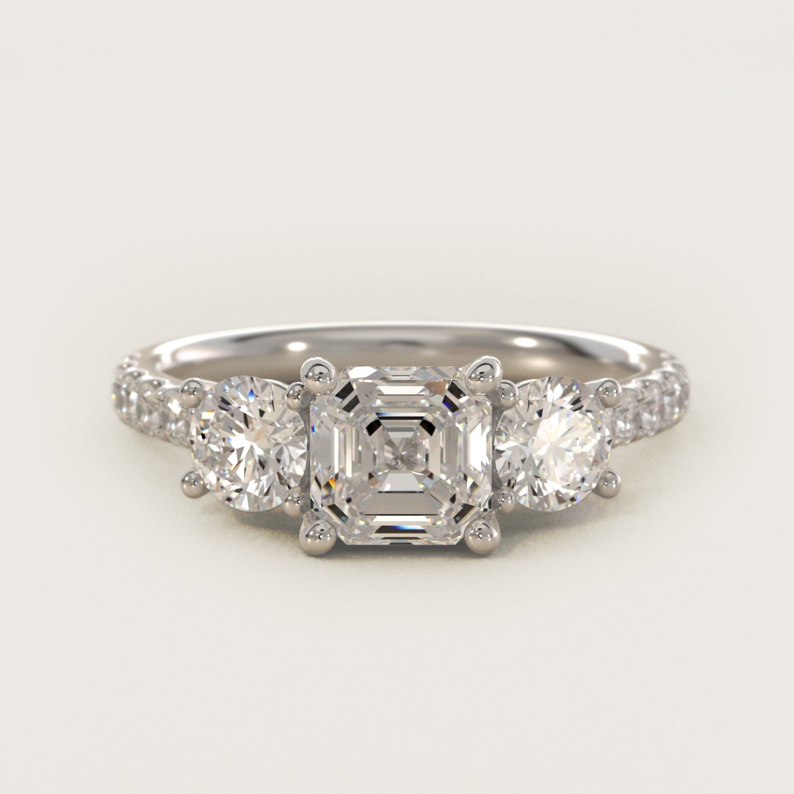 Modern Trellis Three Stone Diamond Engagement in Platinum - Asscher Center