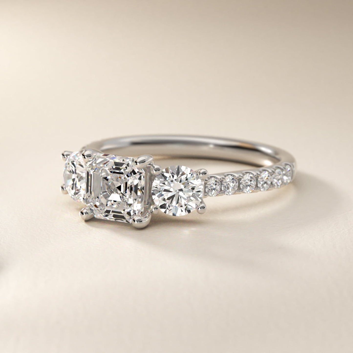 Modern Trellis Three Stone Diamond Engagement in Platinum - Asscher Center
