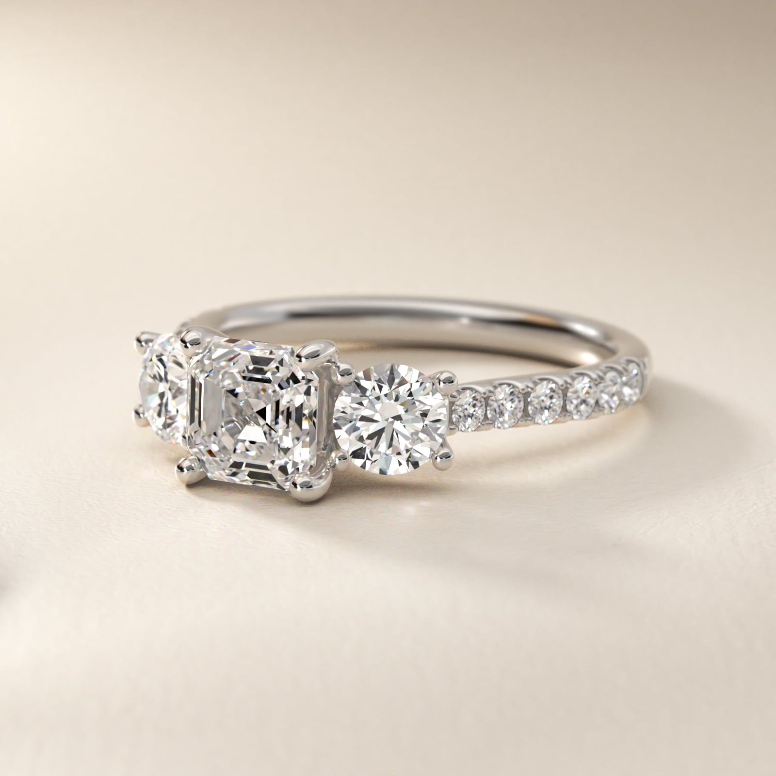Modern Trellis Three Stone Diamond Engagement in Platinum - Asscher Center