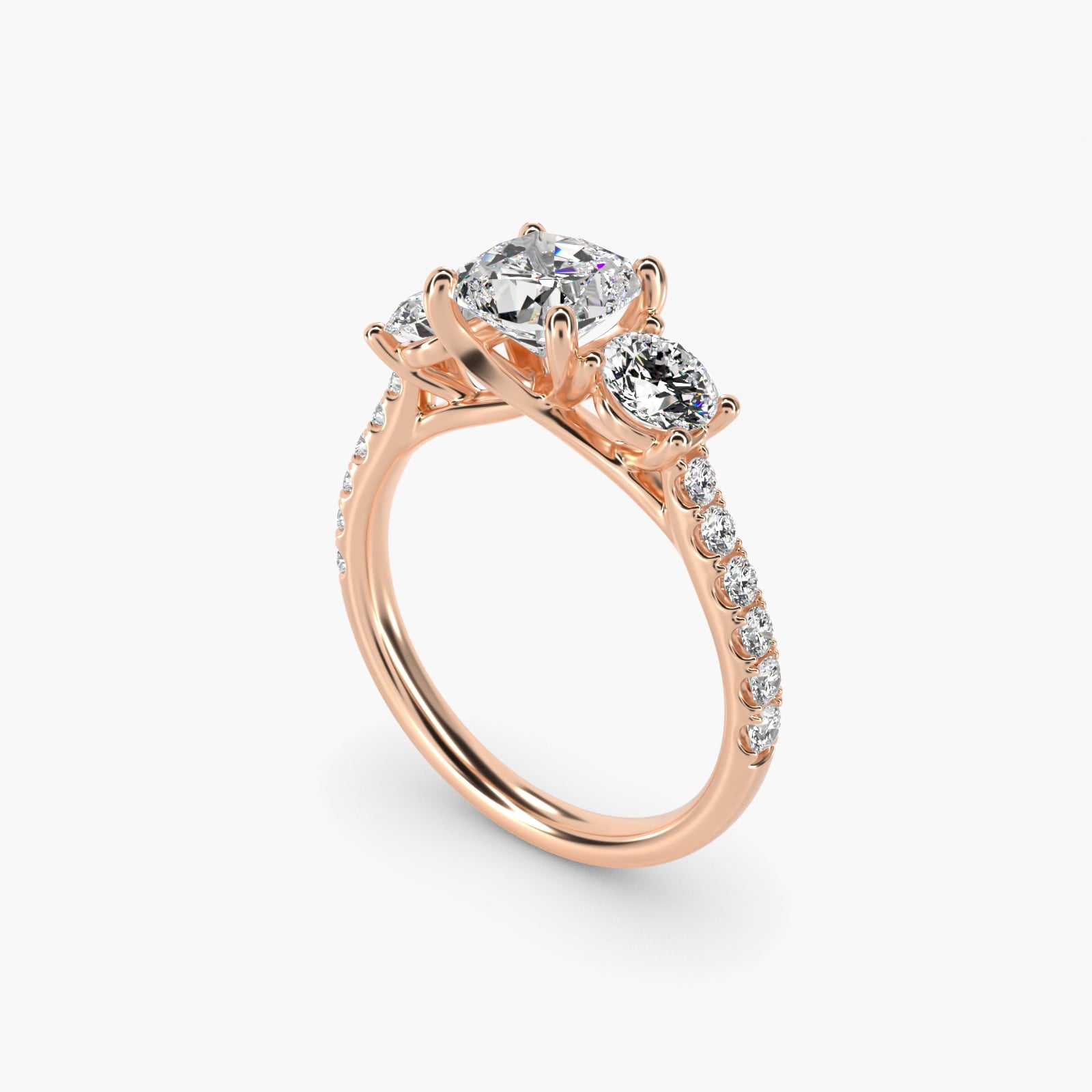 Modern Trellis Three Stone Diamond Engagement in 14k Rose Gold - Cushion Center