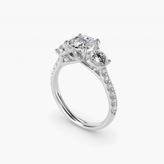 Modern Trellis Three Stone Diamond Engagement in 14k White Gold - Cushion Center