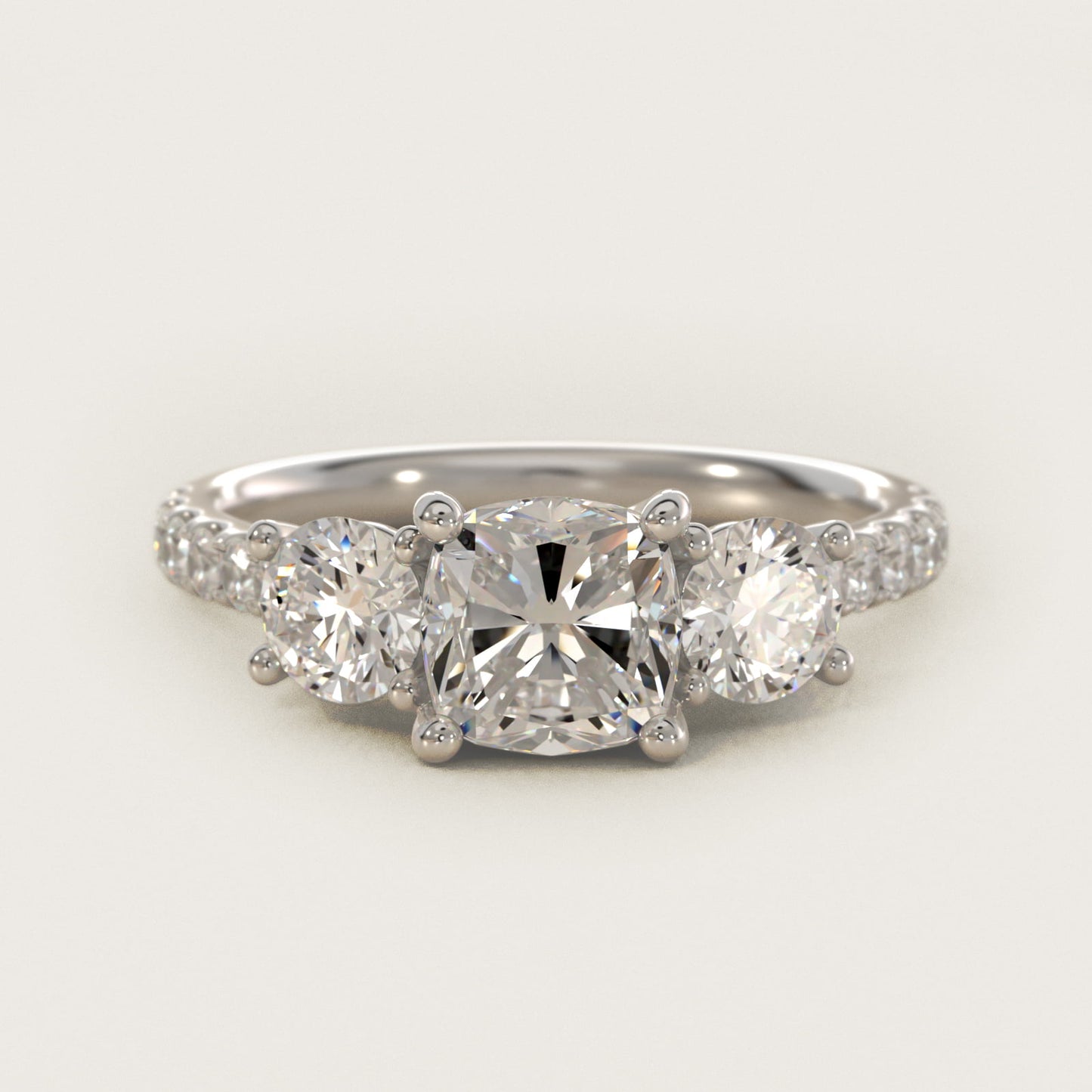 Modern Trellis Three Stone Diamond Engagement in 14k White Gold - Cushion Center