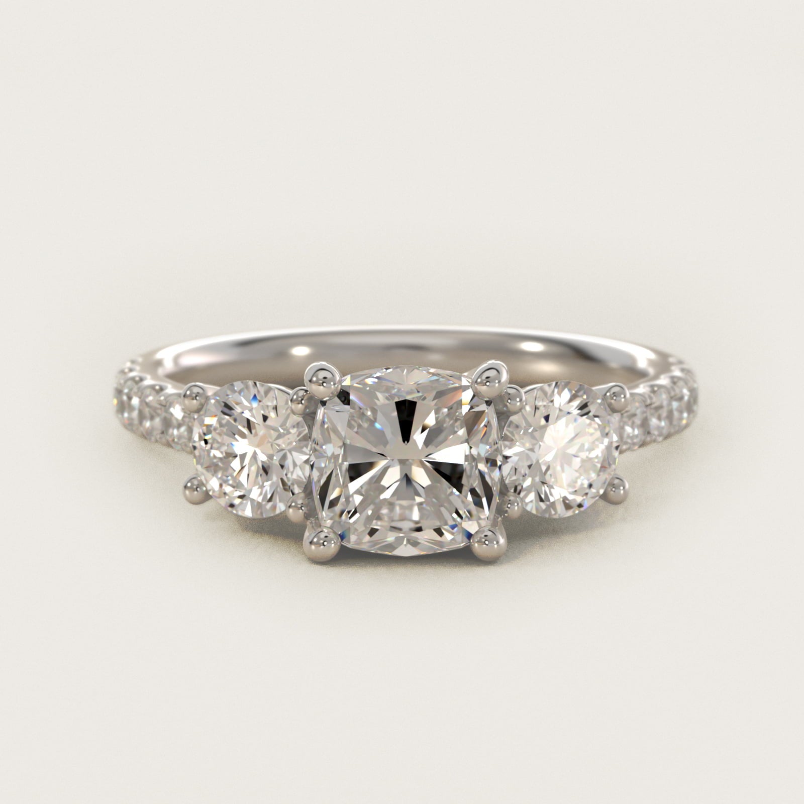 Modern Trellis Three Stone Diamond Engagement in 18k White Gold - Cushion Center