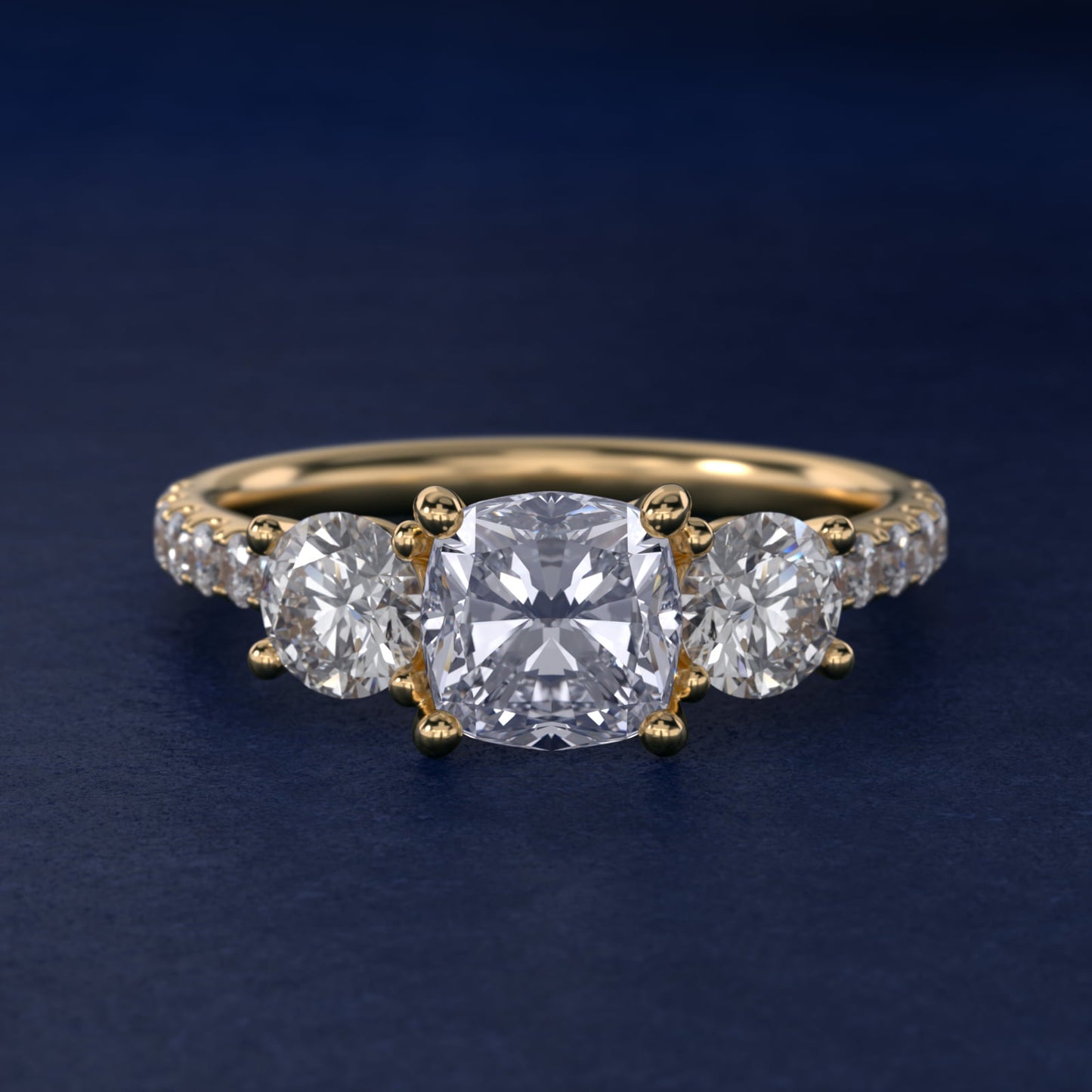 Modern Trellis Three Stone Diamond Engagement in 18k Yellow Gold - Cushion Center