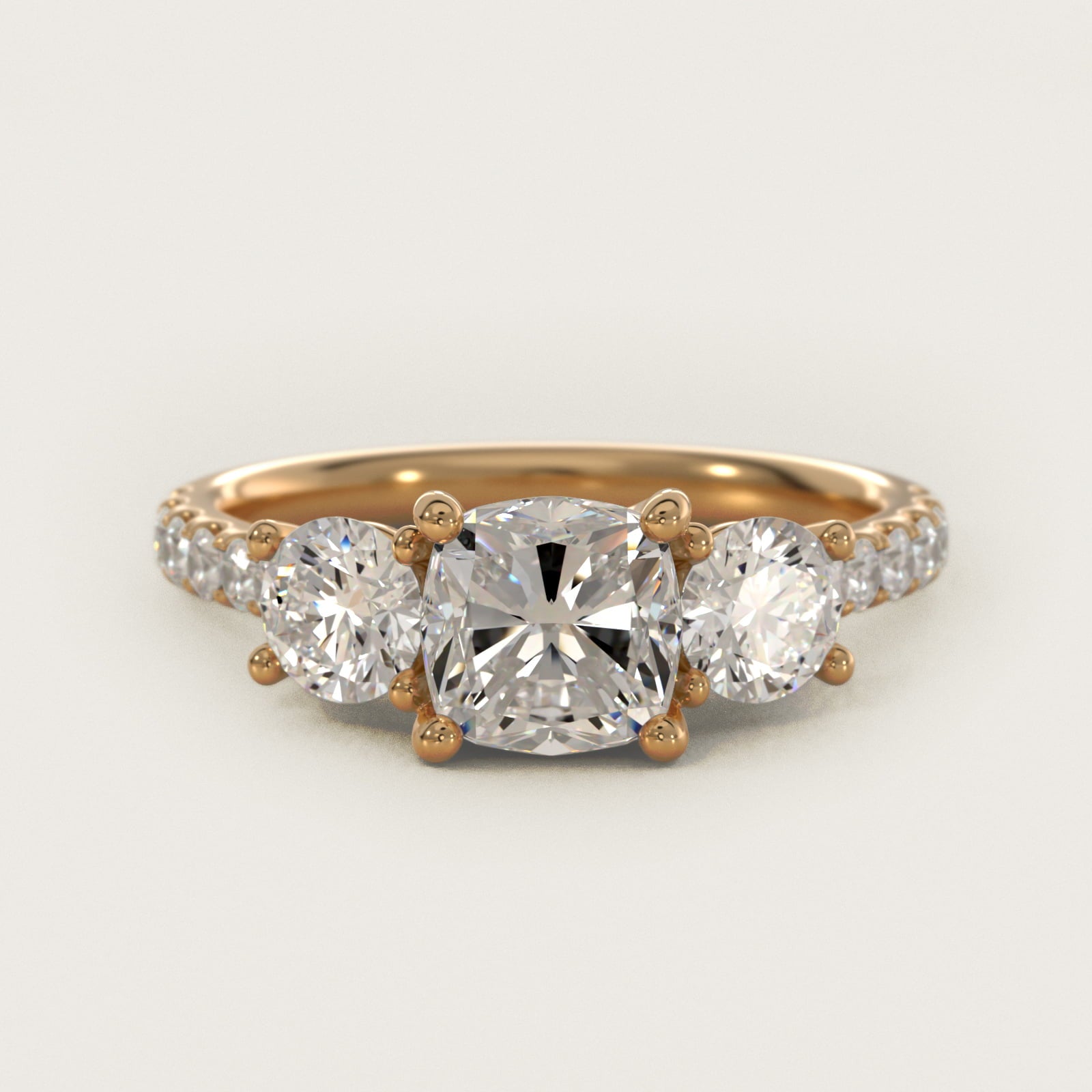 Modern Trellis Three Stone Diamond Engagement in 14k Yellow Gold - Cushion Center
