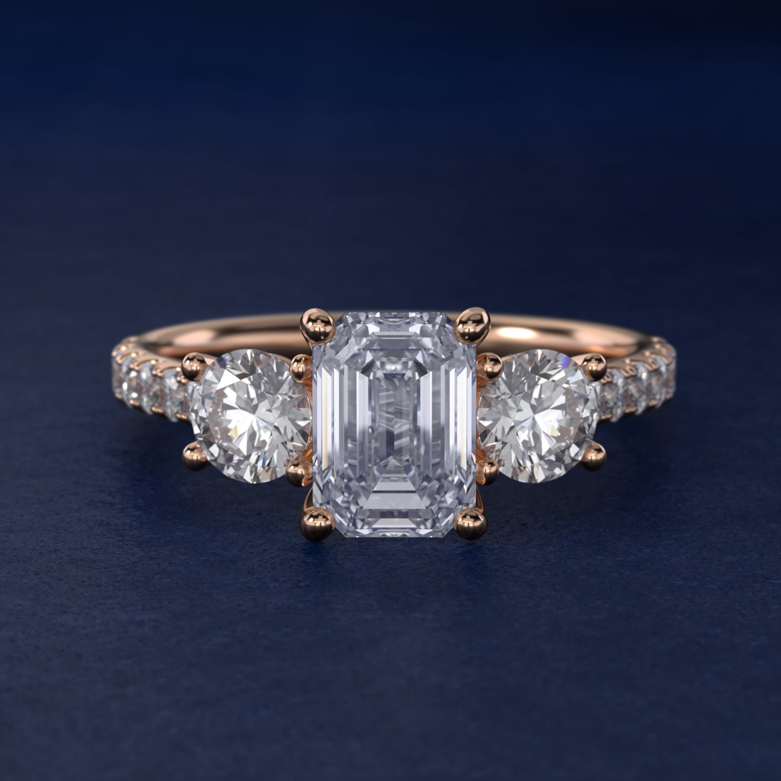 Modern Trellis Three Stone Diamond Engagement in 14k Rose Gold - Emerald Center