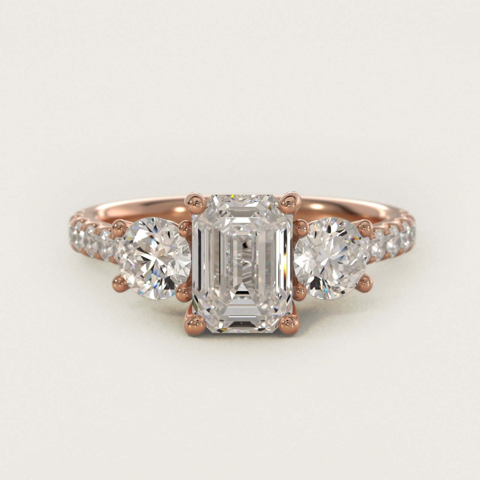 Modern Trellis Three Stone Diamond Engagement in 14k Rose Gold - Emerald Center