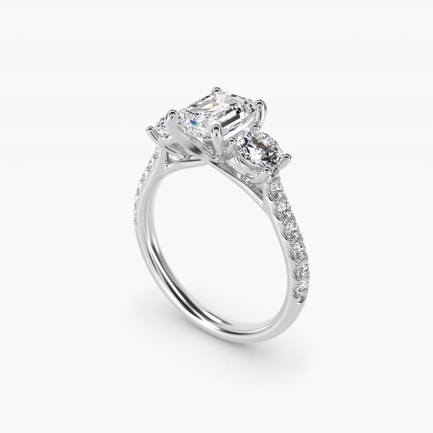 Modern Trellis Three Stone Diamond Engagement in 18k White Gold - Emerald Center