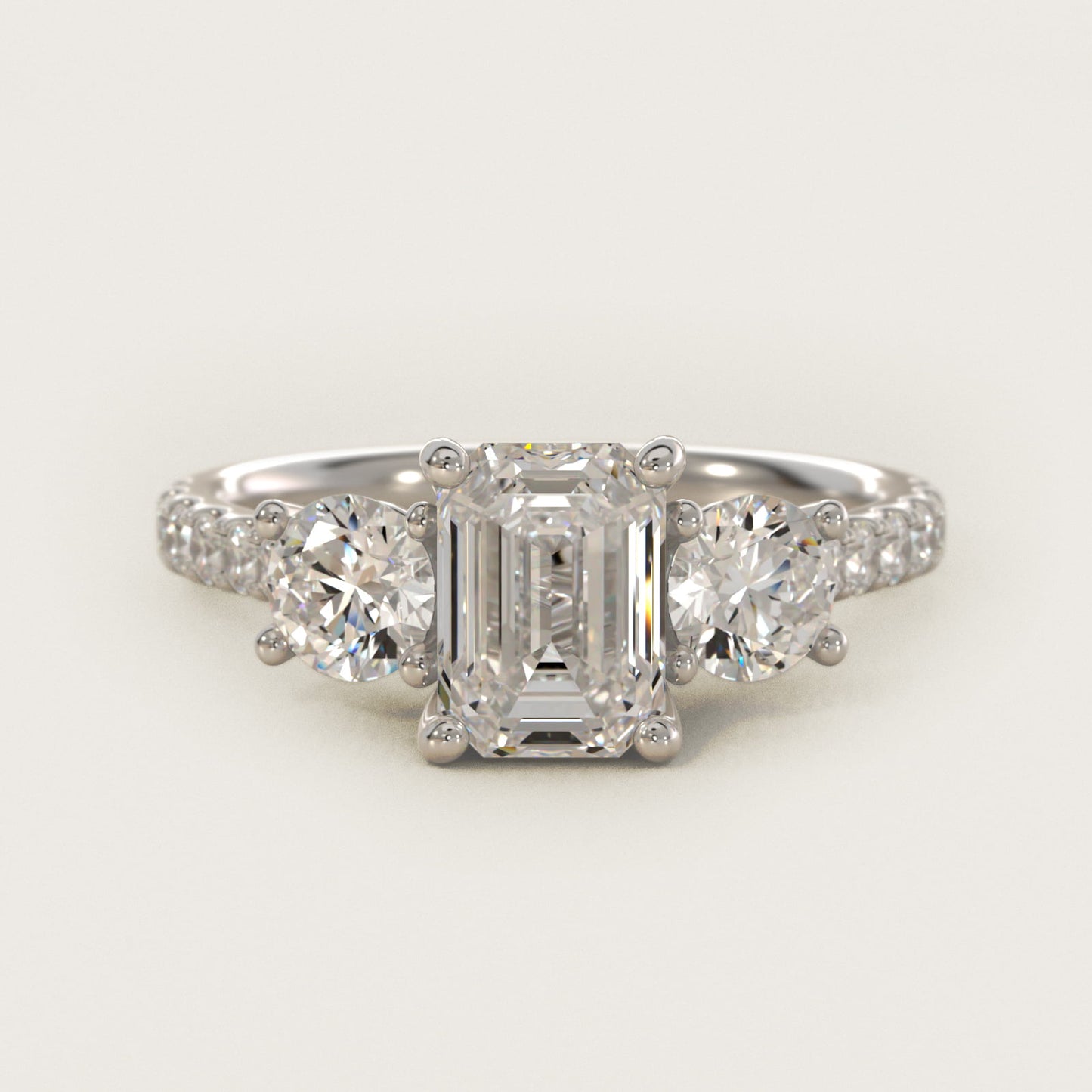 Modern Trellis Three Stone Diamond Engagement in 18k White Gold - Emerald Center