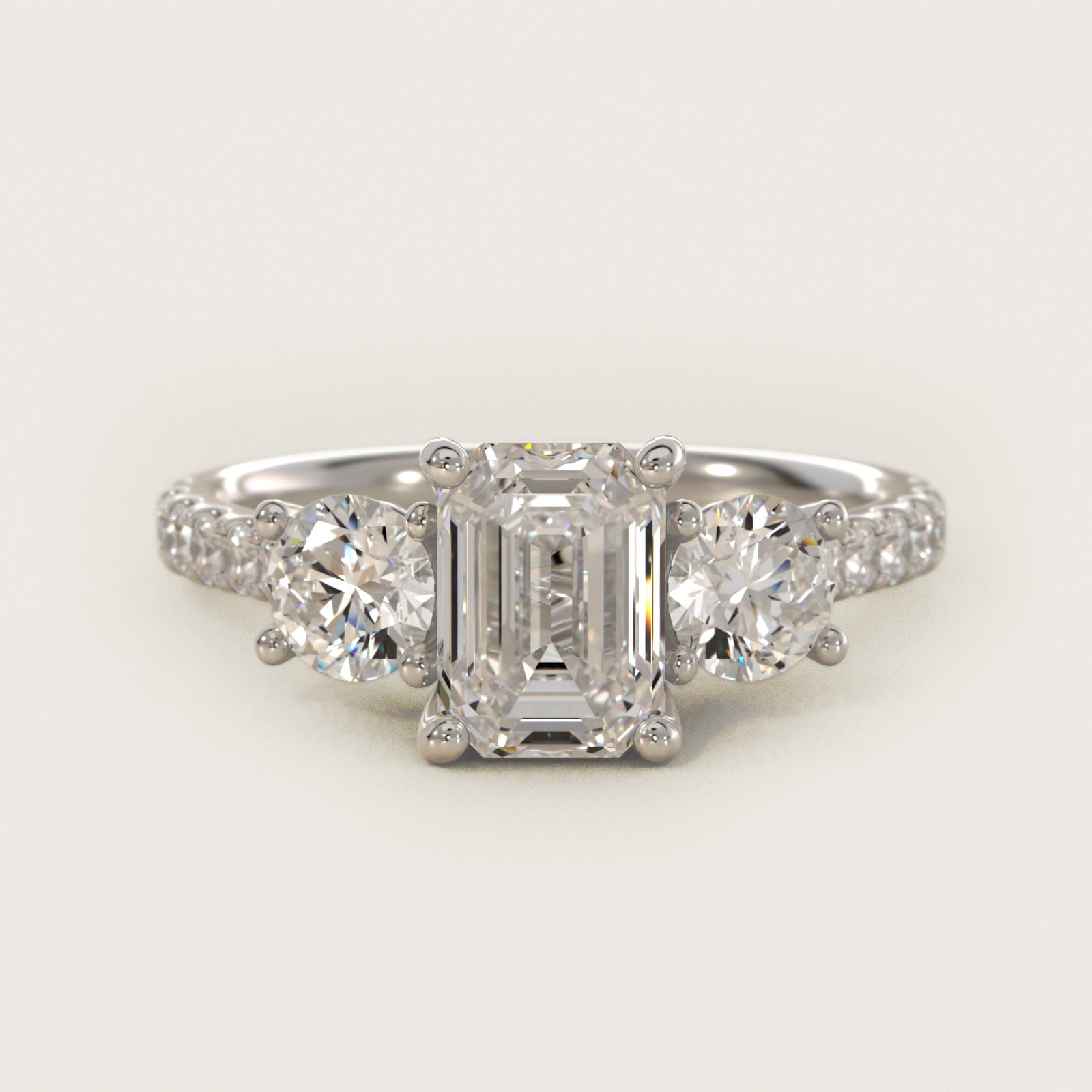 Modern Trellis Three Stone Diamond Engagement in 18k White Gold - Emerald Center