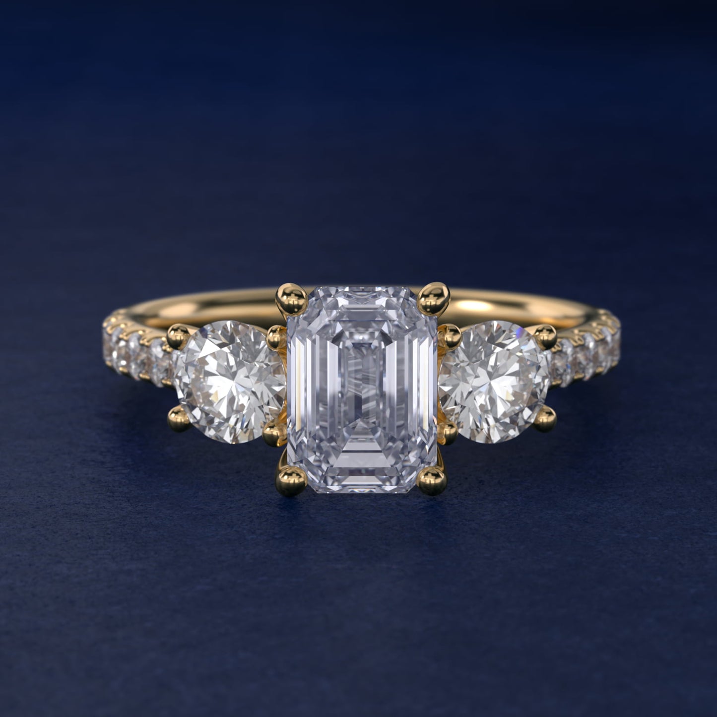 Modern Trellis Three Stone Diamond Engagement in 14k Yellow Gold - Emerald Center