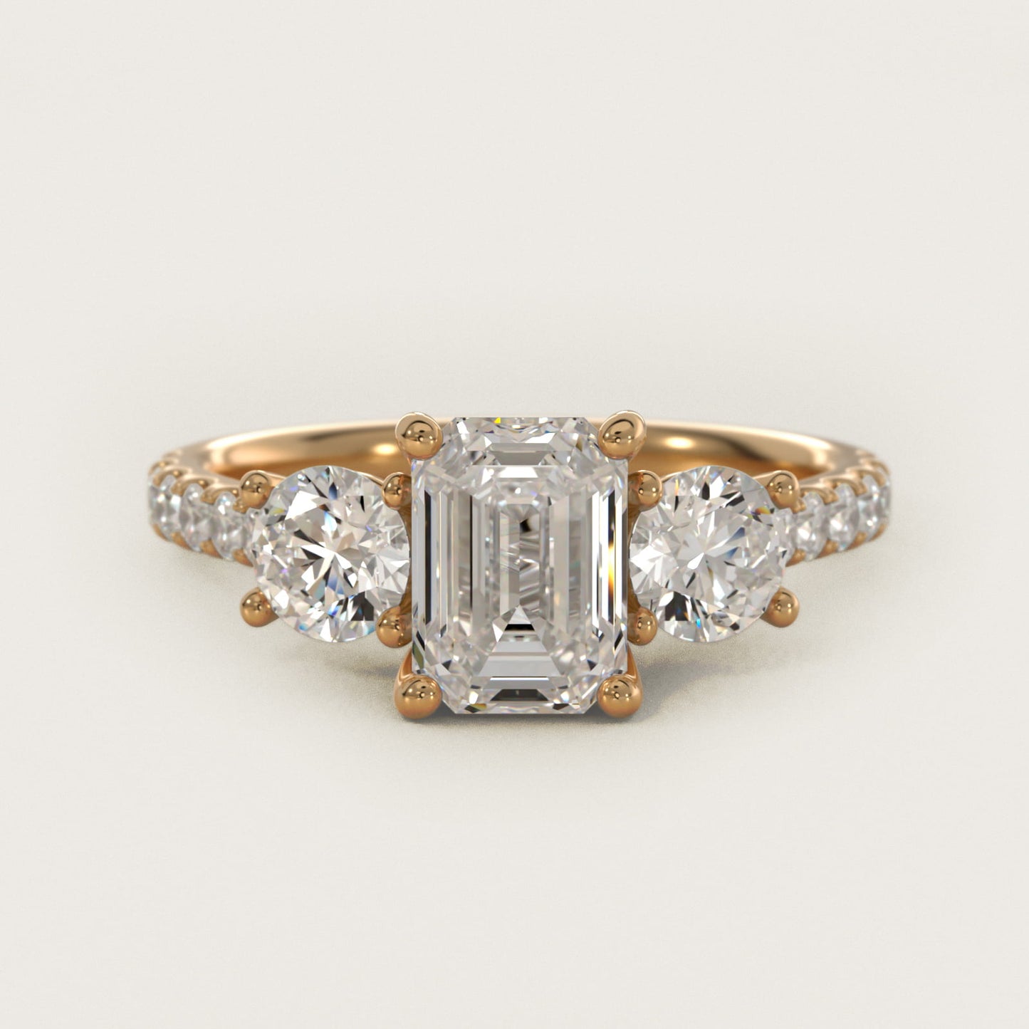Modern Trellis Three Stone Diamond Engagement in 18k Yellow Gold - Emerald Center