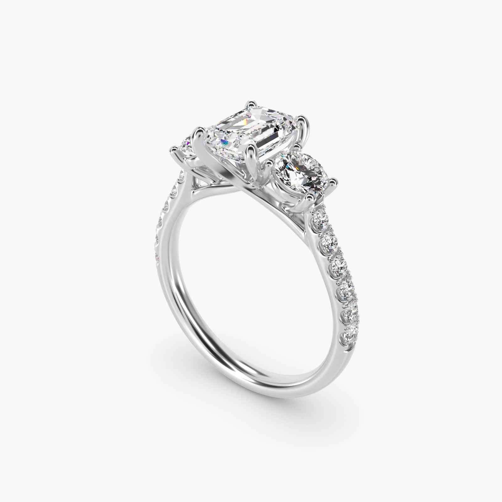 Modern Trellis Three Stone Diamond Engagement in Platinum - Emerald Center
