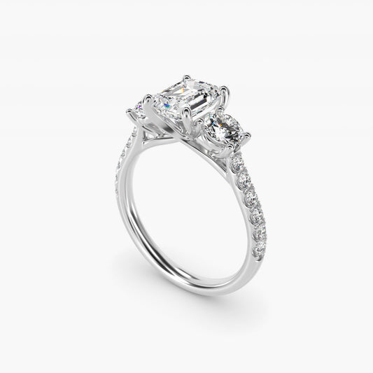Modern Trellis Three Stone Diamond Engagement in Platinum - Emerald Center