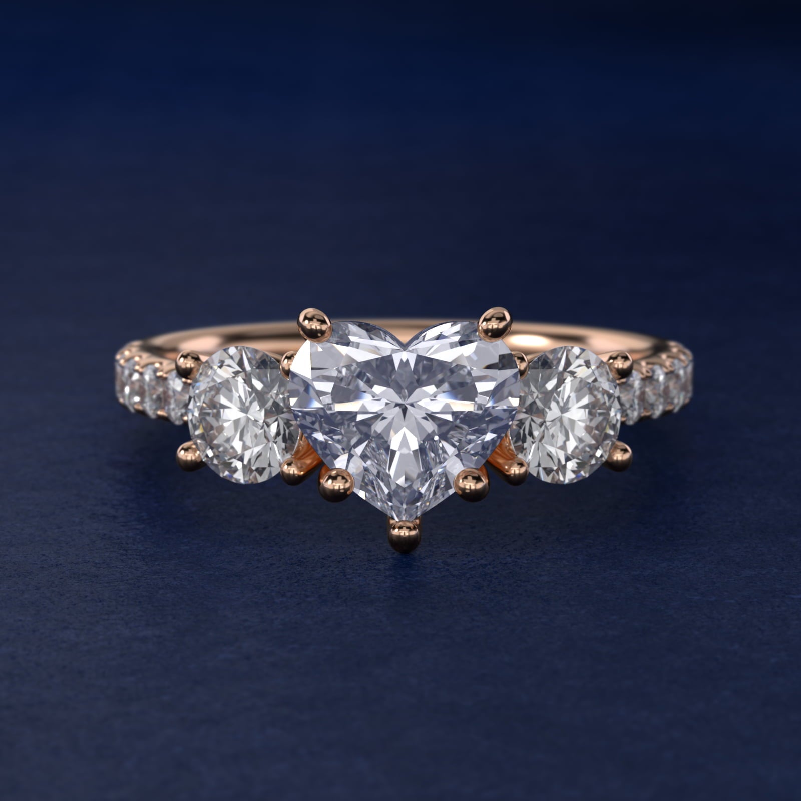 Modern Trellis Three Stone Diamond Engagement in 14k Rose Gold - Heart Center