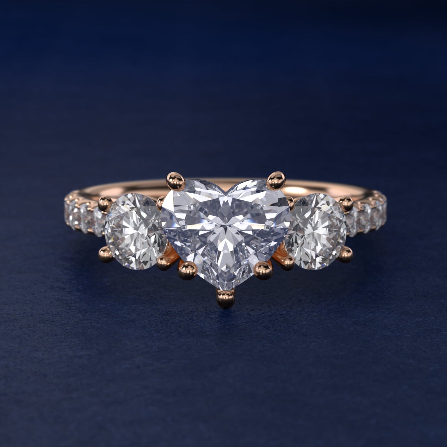 Modern Trellis Three Stone Diamond Engagement in 18k Rose Gold - Heart Center