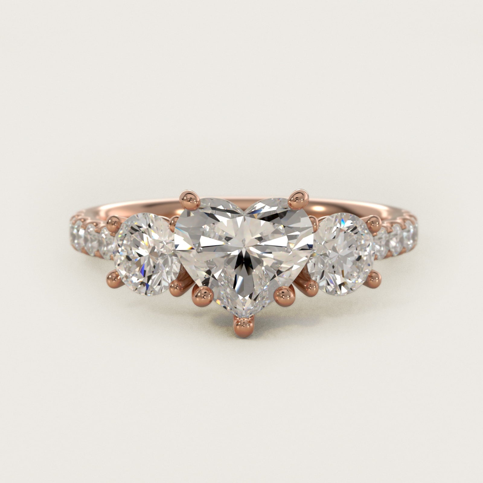 Modern Trellis Three Stone Diamond Engagement in 14k Rose Gold - Heart Center