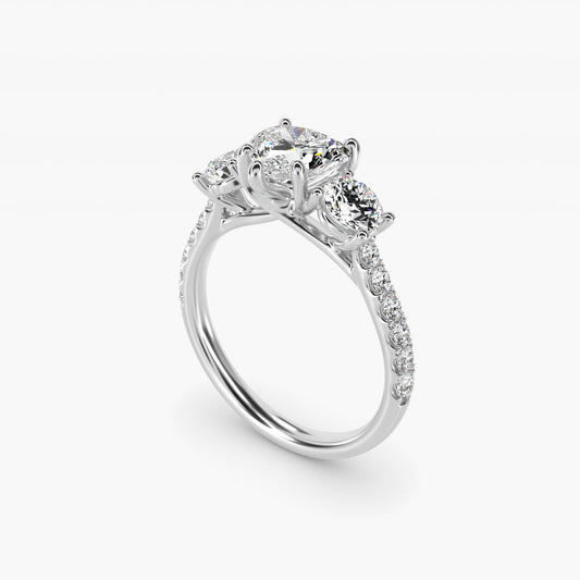 Modern Trellis Three Stone Diamond Engagement in 18k White Gold - Heart Center