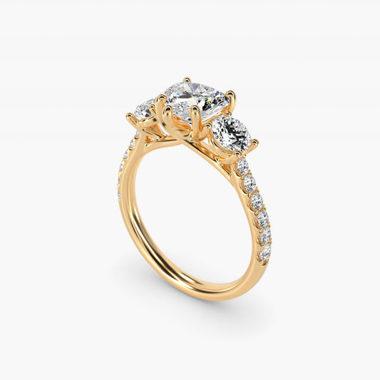 Modern Trellis Three Stone Diamond Engagement in 14k Yellow Gold - Heart Center