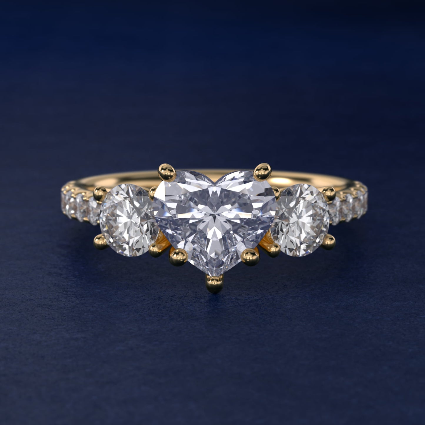 Modern Trellis Three Stone Diamond Engagement in 18k Yellow Gold - Heart Center