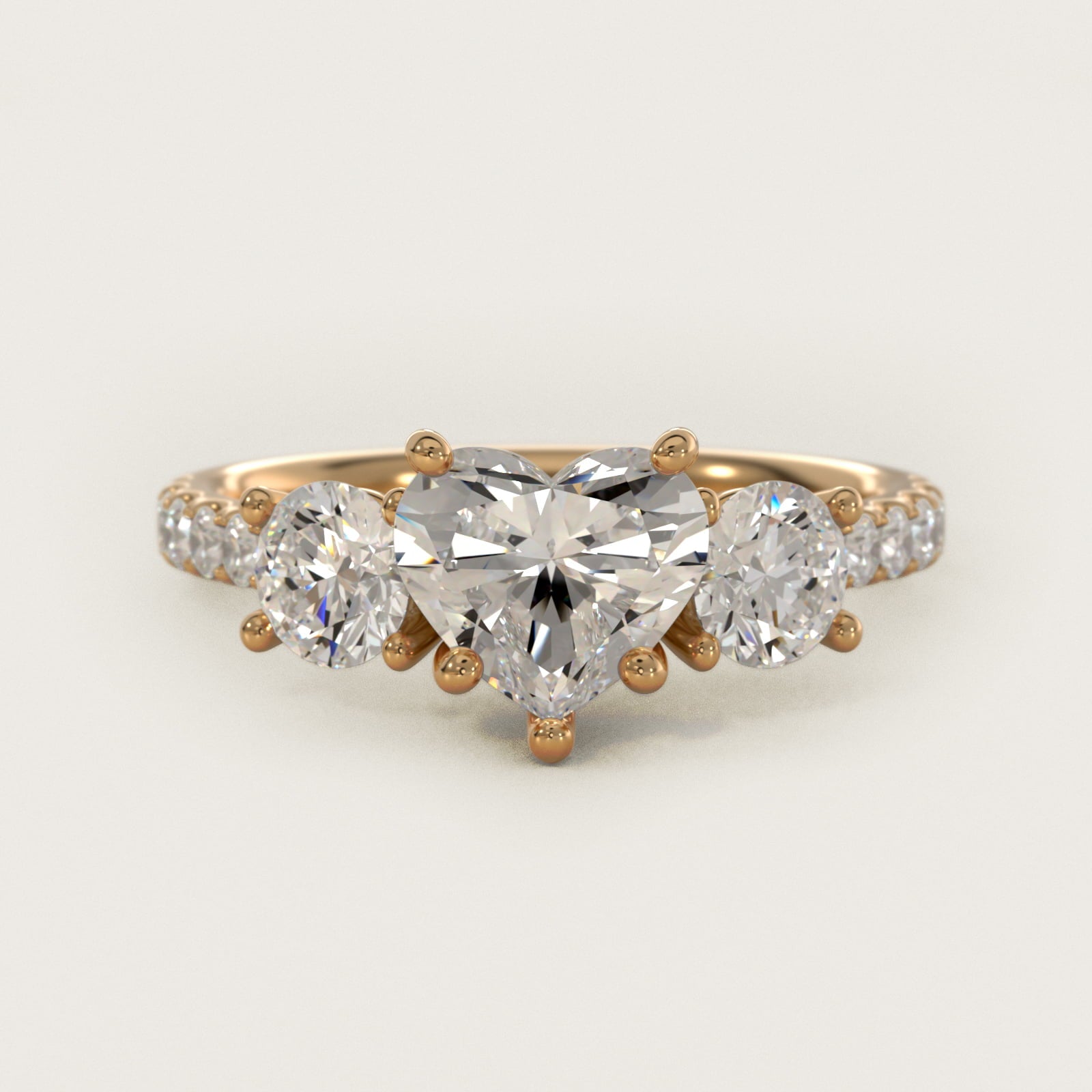 Modern Trellis Three Stone Diamond Engagement in 14k Yellow Gold - Heart Center