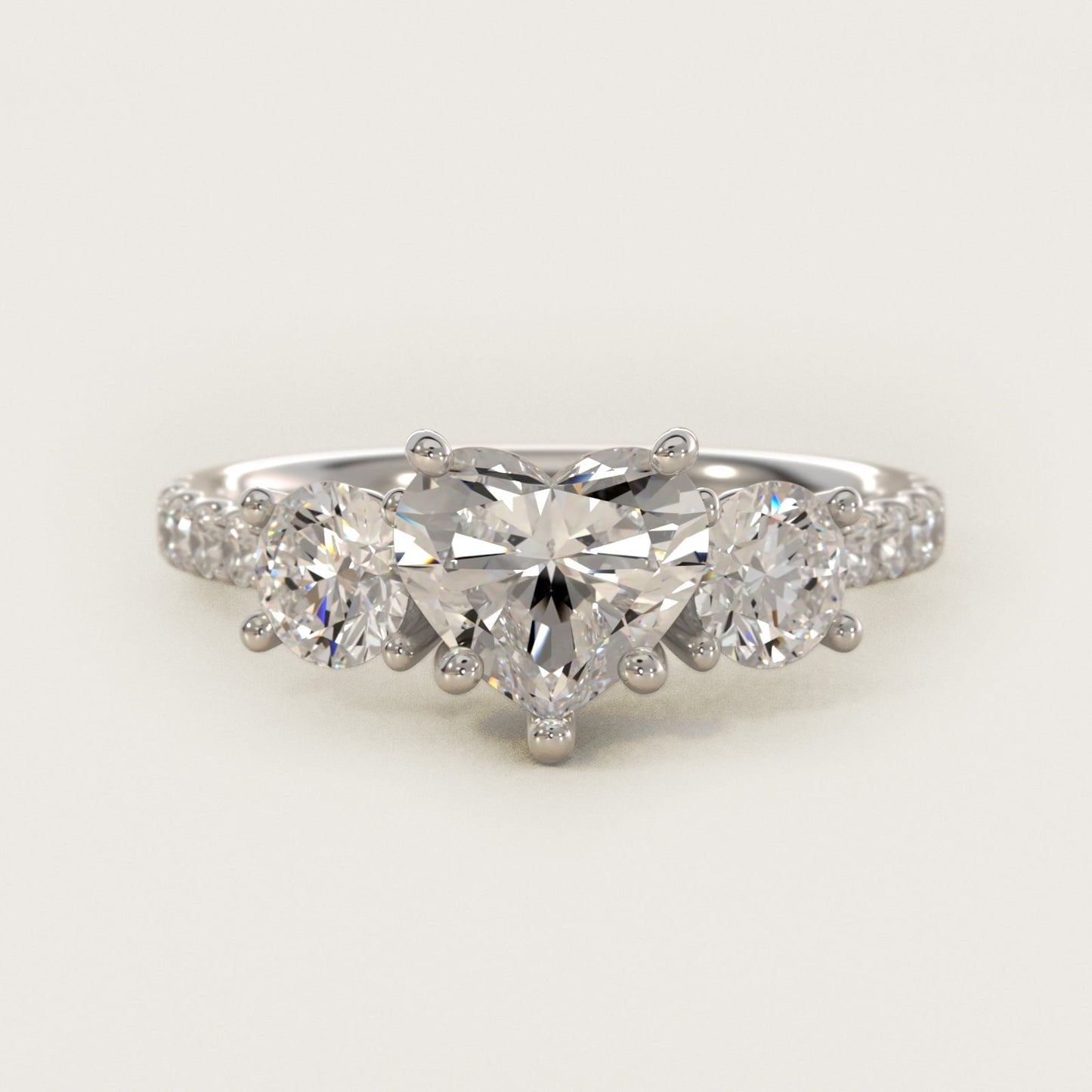 Modern Trellis Three Stone Diamond Engagement in Platinum - Heart Center