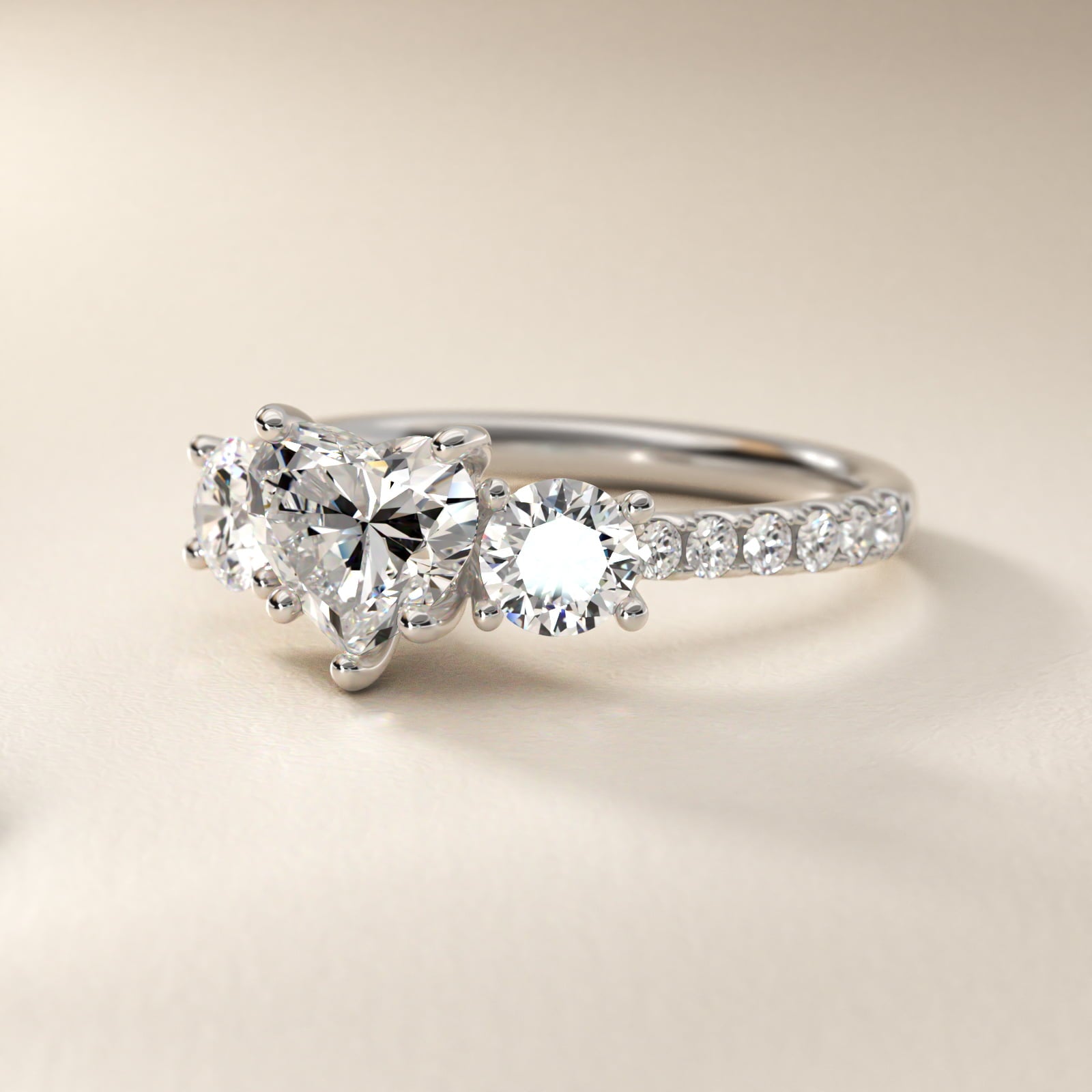 Modern Trellis Three Stone Diamond Engagement in Platinum - Heart Center