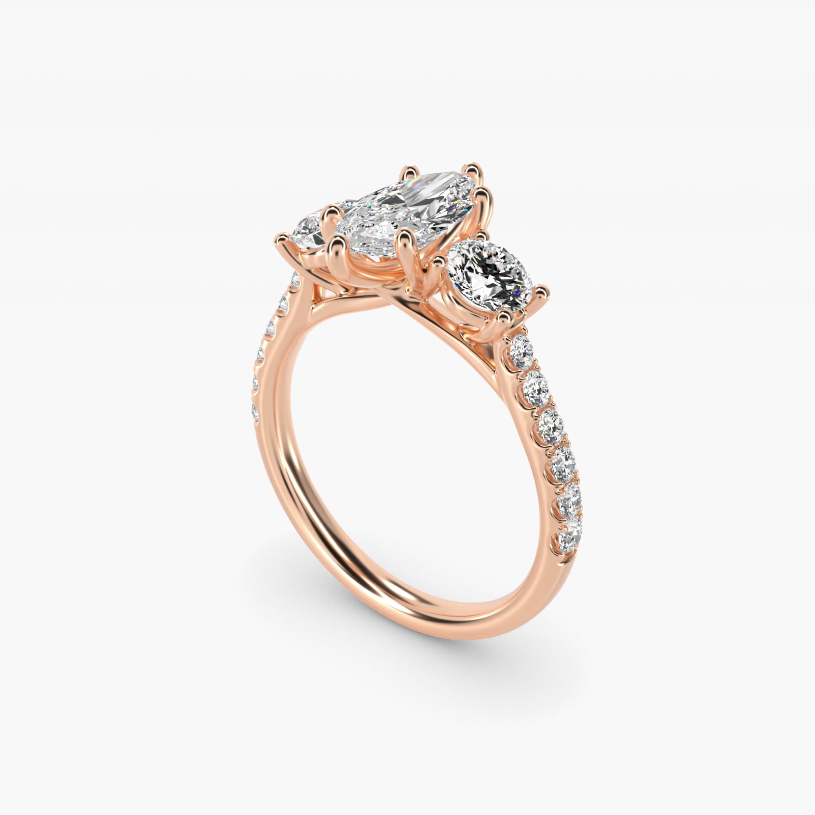 Modern Trellis Three Stone Diamond Engagement in 18k Rose Gold - Marquise Center