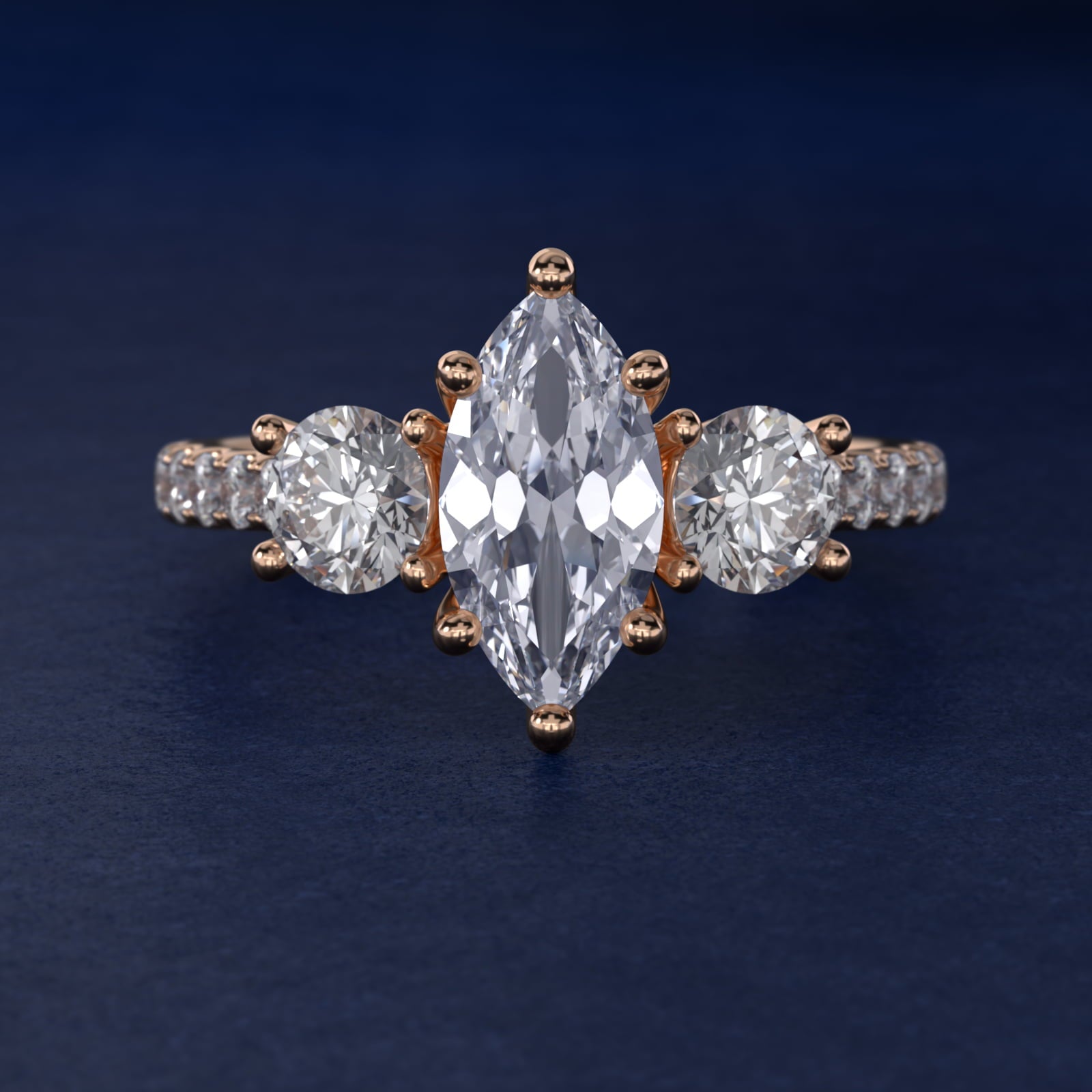 Modern Trellis Three Stone Diamond Engagement in 14k Rose Gold - Marquise Center