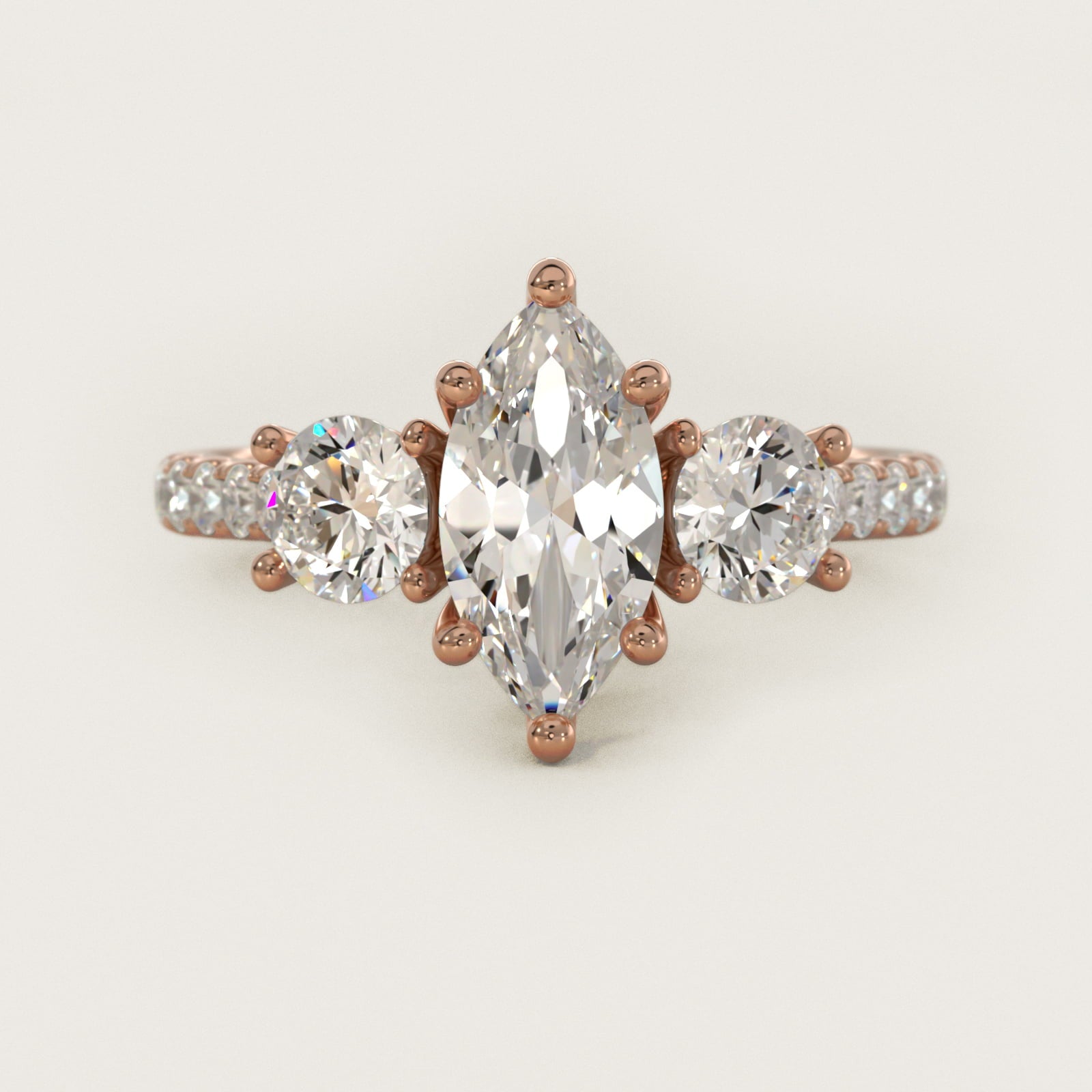 Modern Trellis Three Stone Diamond Engagement in 18k Rose Gold - Marquise Center