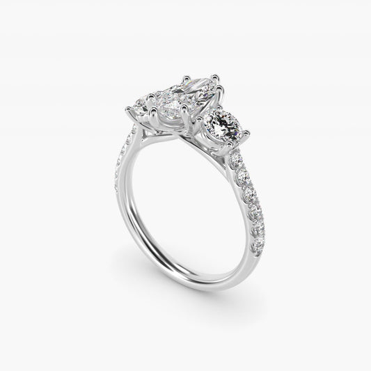 Modern Trellis Three Stone Diamond Engagement in 14k White Gold - Marquise Center