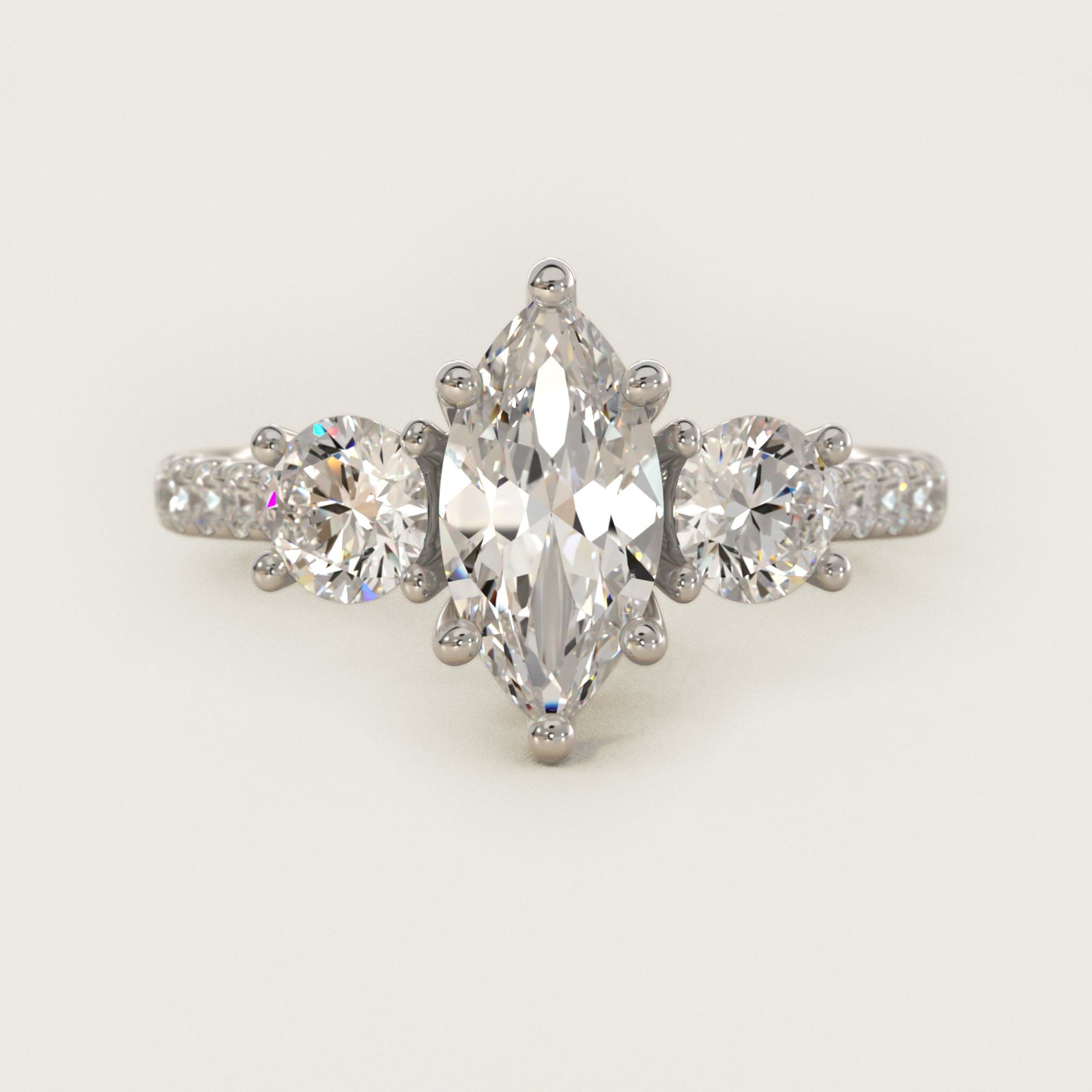 Modern Trellis Three Stone Diamond Engagement in 18k White Gold - Marquise Center