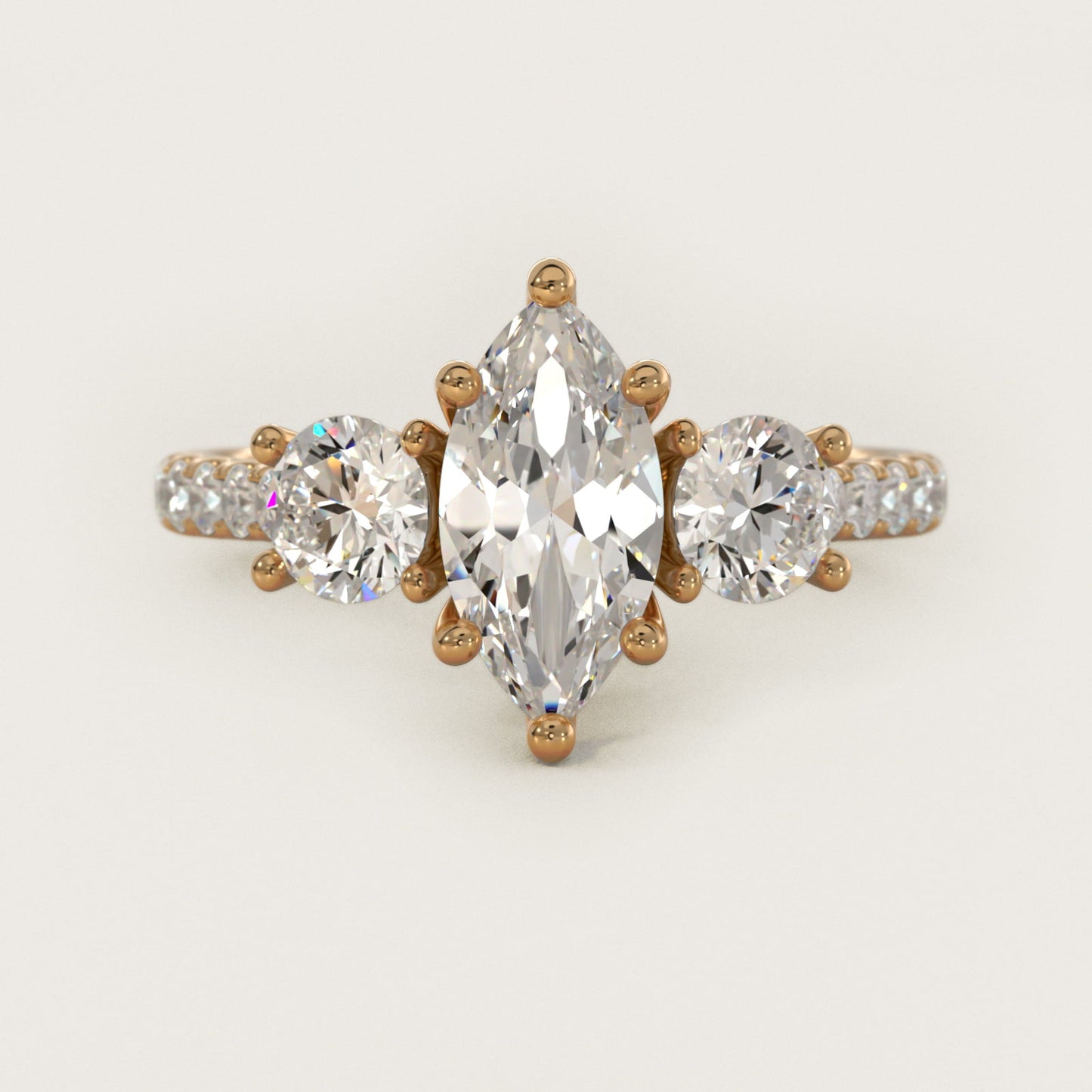 Modern Trellis Three Stone Diamond Engagement in 14k Yellow Gold - Marquise Center