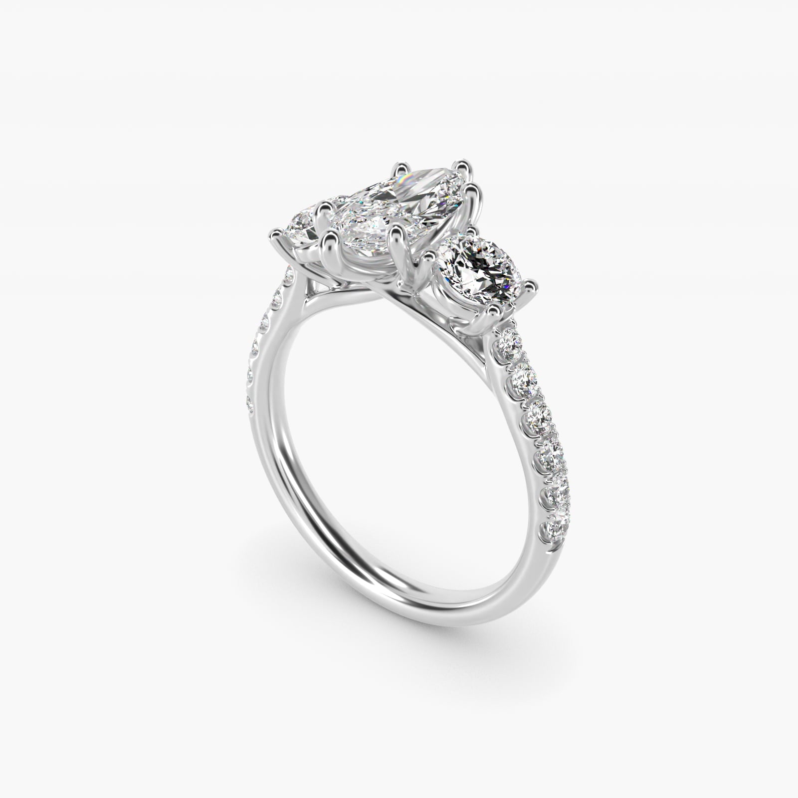 Modern Trellis Three Stone Diamond Engagement in Platinum - Marquise Center