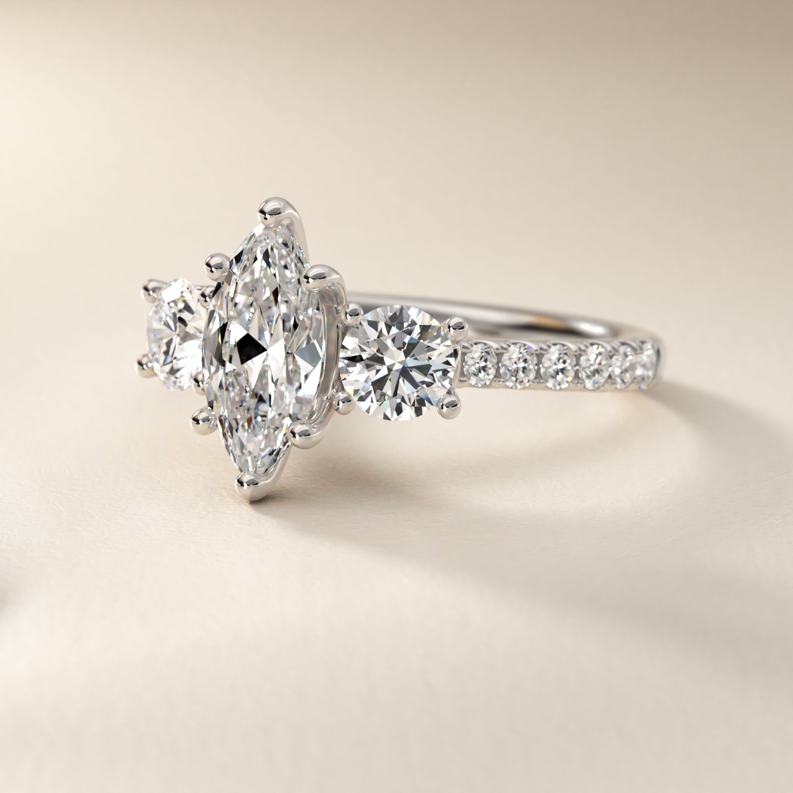 Modern Trellis Three Stone Diamond Engagement in Platinum - Marquise Center